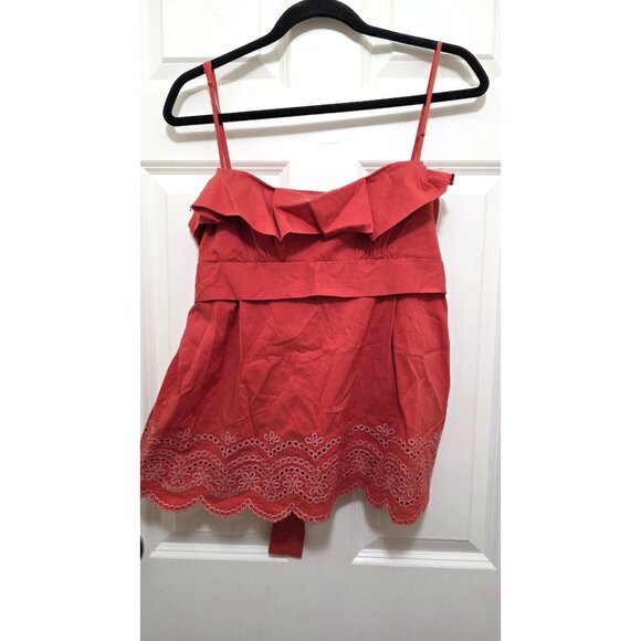 BCBG Max Azria Orange Baby Doll Sleeveless Embroidered Hem Top Ruffle Detail L - Picture 2 of 10